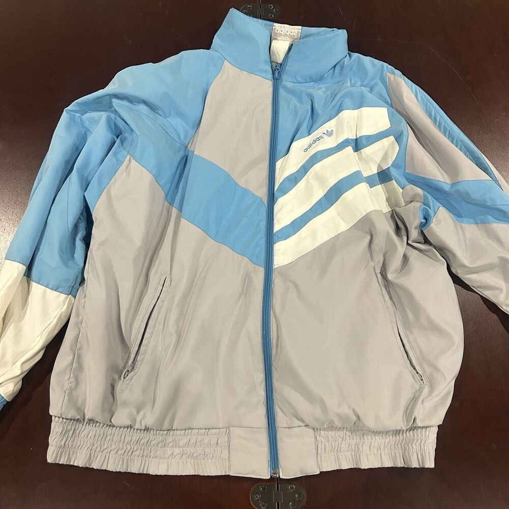 VTG 80s 90s adidas Trefoil Windbreaker Jacket Made In Taiwan Blue Gray Full Zip